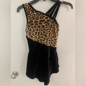 Figure Skating Dress Ch L-Adult S, leopard print and black velvet w/ rhinestones